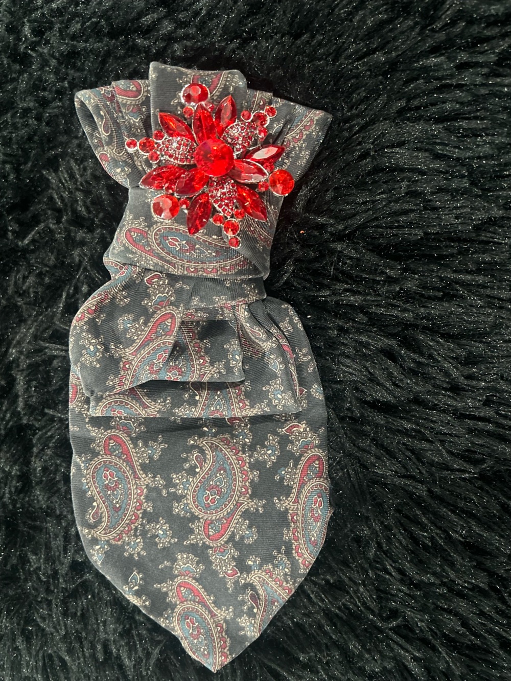 Paisley Bow Headband with Red Gem Accent